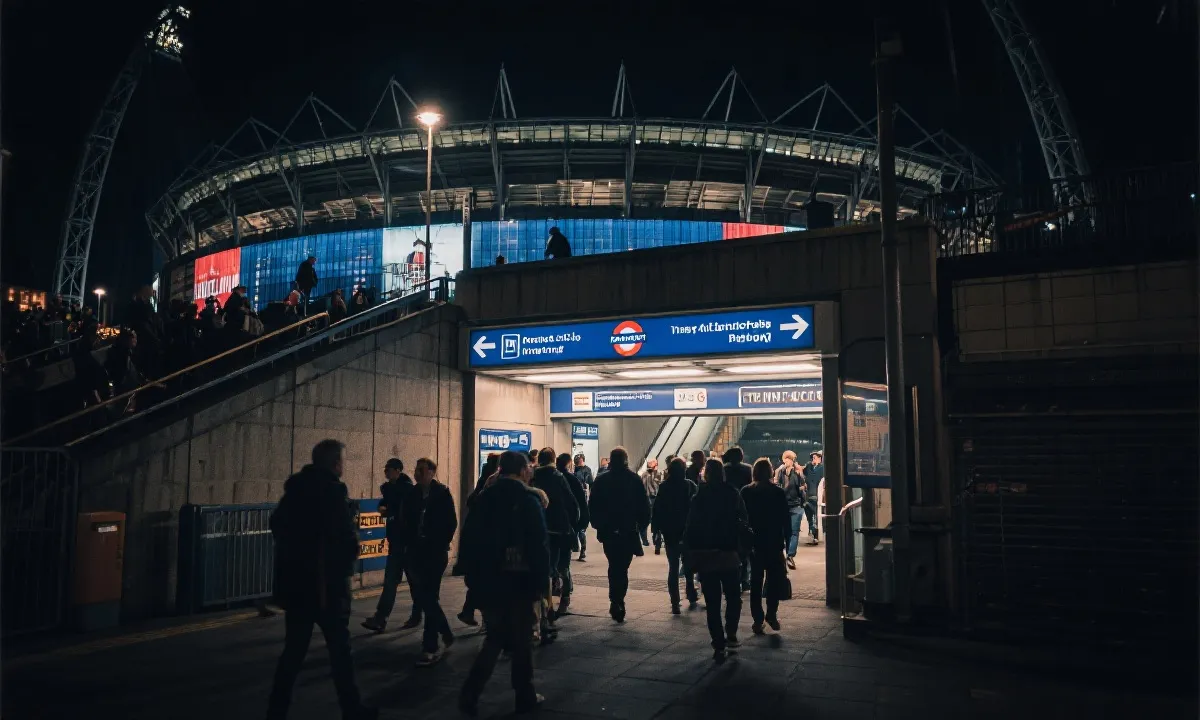 夜晚球场外的人流与地铁站出入口导向牌，旅行纪实风格